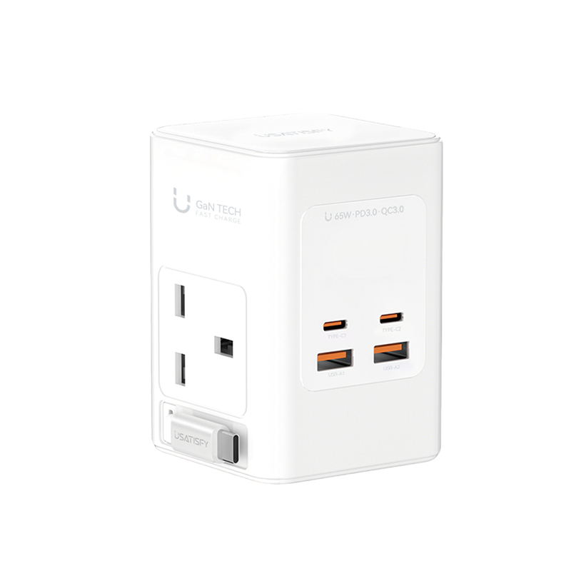 美國USATISFY GaN Master65W氮化鎵全快充7口智控安規伸縮充電線收納迷你拖板白色