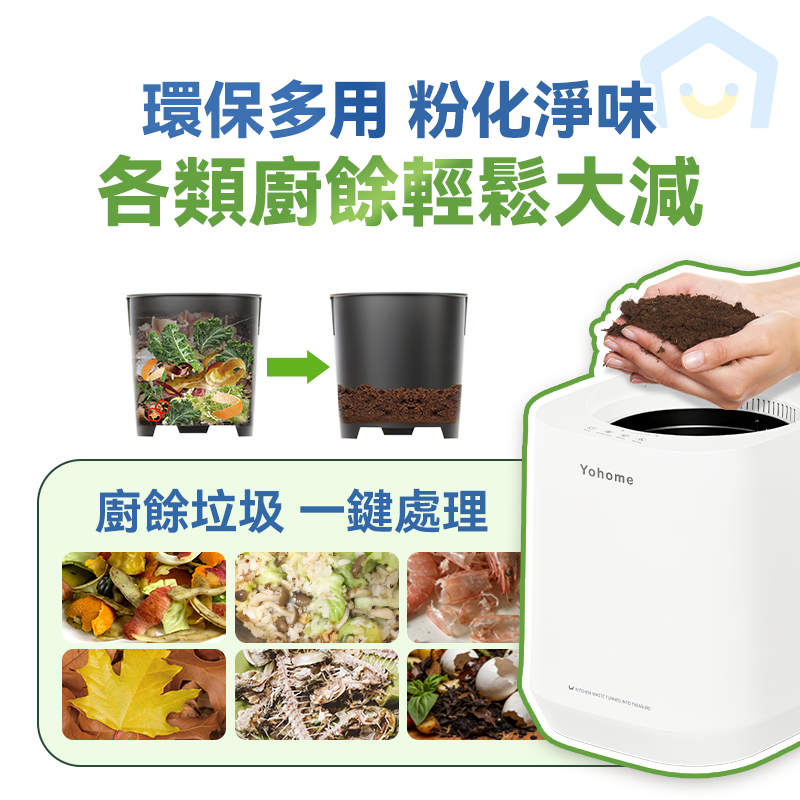 日本Yohome 智能粉化減量發 酵堆肥可視窗自清潔可卸洗 刀組多用途環保廚餘機PRO