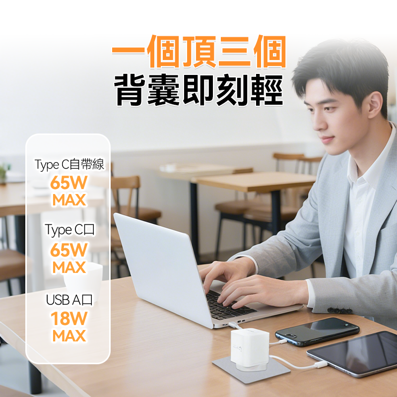 美國USATISFY GaN Mini65W 氮化鎵全快充3口智控安規便攜移動迷你伸縮線充電插頭