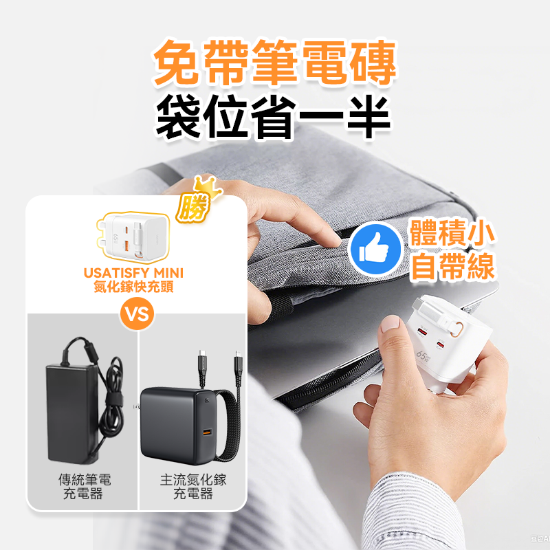 美國USATISFY GaN Mini65W 氮化鎵全快充3口智控安規便攜移動迷你伸縮線充電插頭