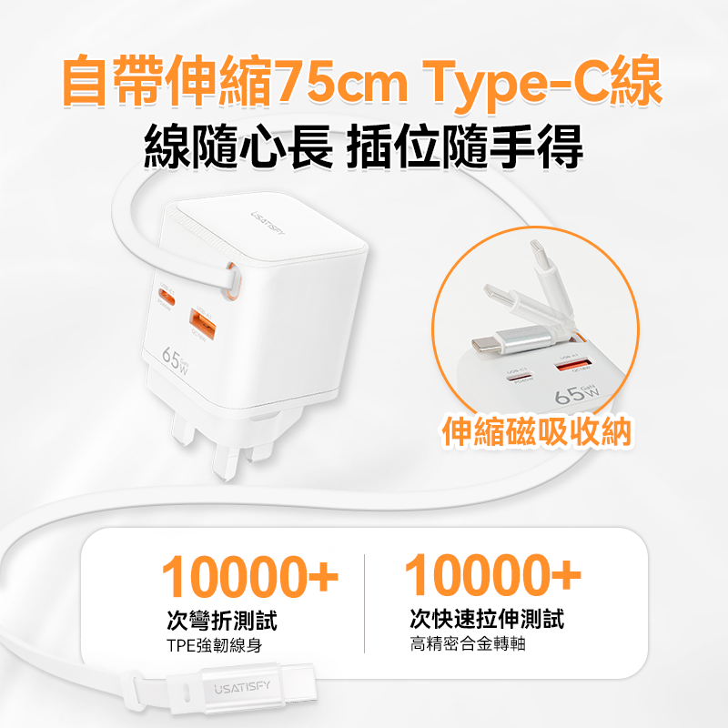 美國USATISFY GaN Mini65W 氮化鎵全快充3口智控安規便攜移動迷你伸縮線充電插頭