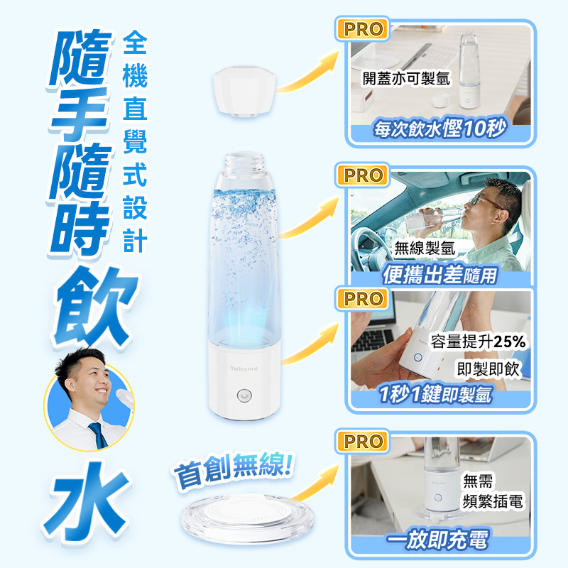 日本Yohome 加強智製富氫抗 氧化排毒無線自由充飲辦公 養生健康杯 PRO