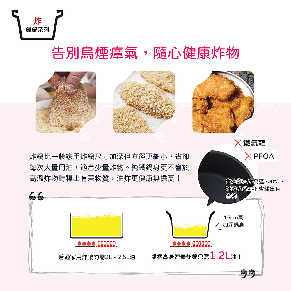 日本燕三条製鐵流｜鐵炸鍋系列 雙柄高身連蓋炸鍋 20cm