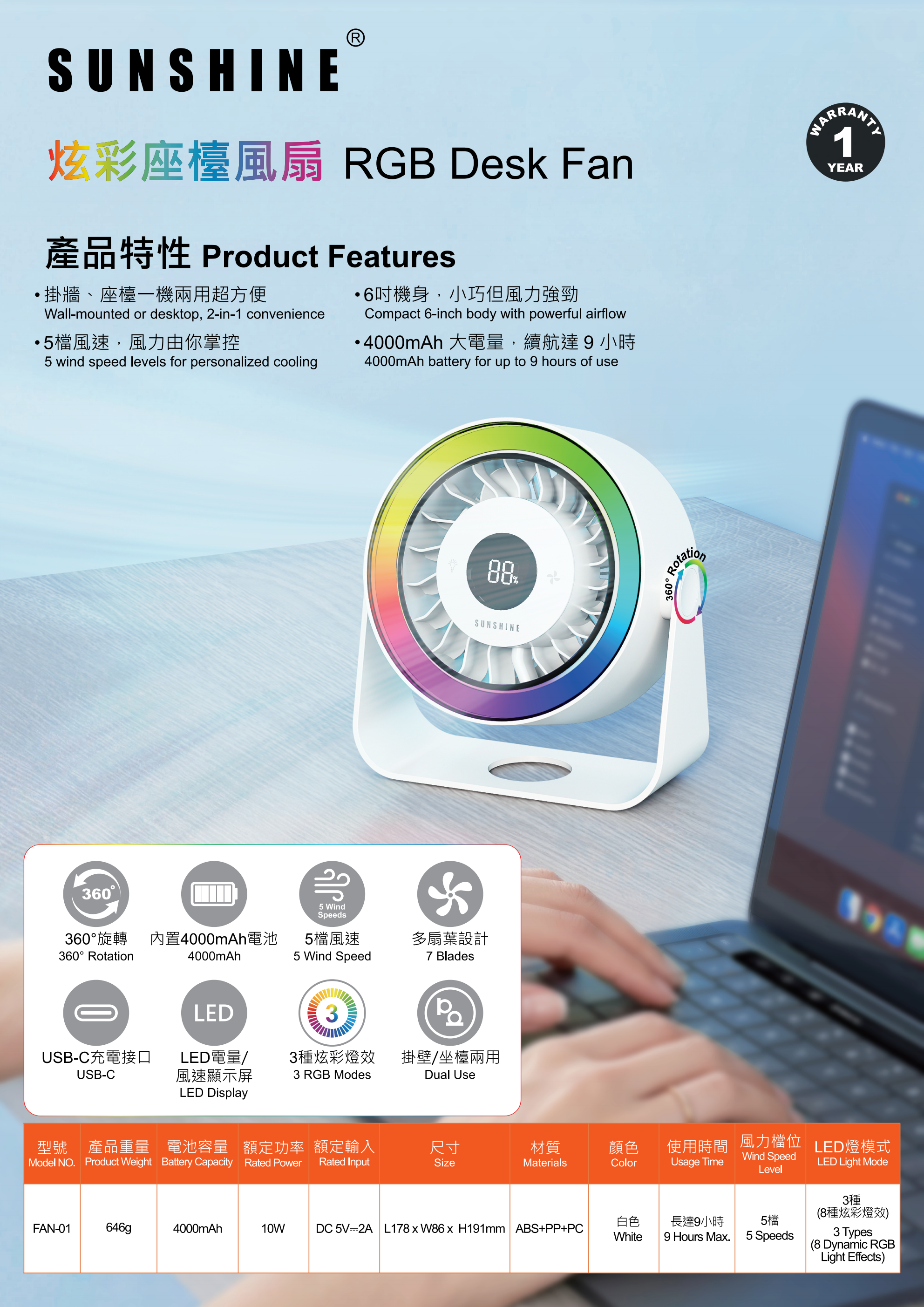 SUNSHINE RGB 燈效座檯/掛牆兩用風扇